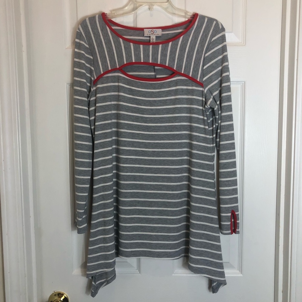 OSO Casuals Striped Asymmetric with Cut Out Front Top. Size Large